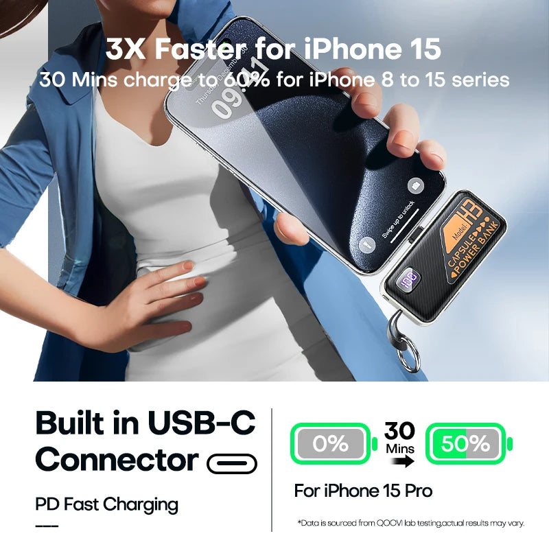 QOOVI Mini Powerbank 5000mah Built-in Cable PD 20W Portable Charger Fast Charging For iPhone 15 Samsung Xiaomi External Battery