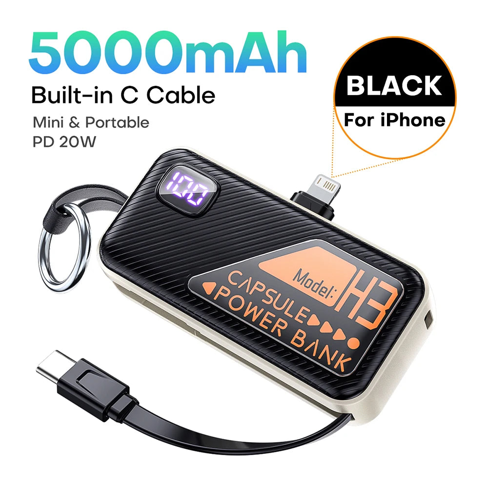 QOOVI Mini Powerbank 5000mah Built-in Cable PD 20W Portable Charger Fast Charging For iPhone 15 Samsung Xiaomi External Battery