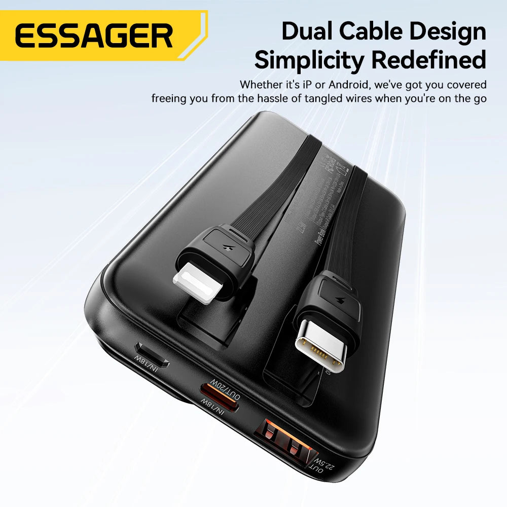 Essager Portable Power Bank 20000mAh with Two Built-in Cables External Battery PD 22.5W Fast Charging For iPhone 17 16 15 Xiaomi
