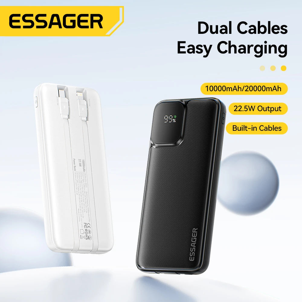Essager Portable Power Bank 20000mAh with Two Built-in Cables External Battery PD 22.5W Fast Charging For iPhone 17 16 15 Xiaomi