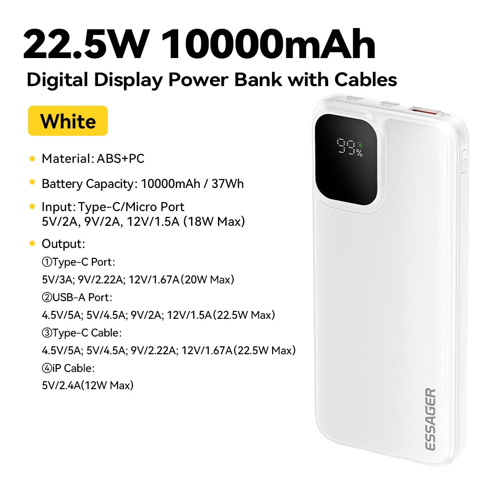 Essager Portable Power Bank 20000mAh with Two Built-in Cables External Battery PD 22.5W Fast Charging For iPhone 17 16 15 Xiaomi