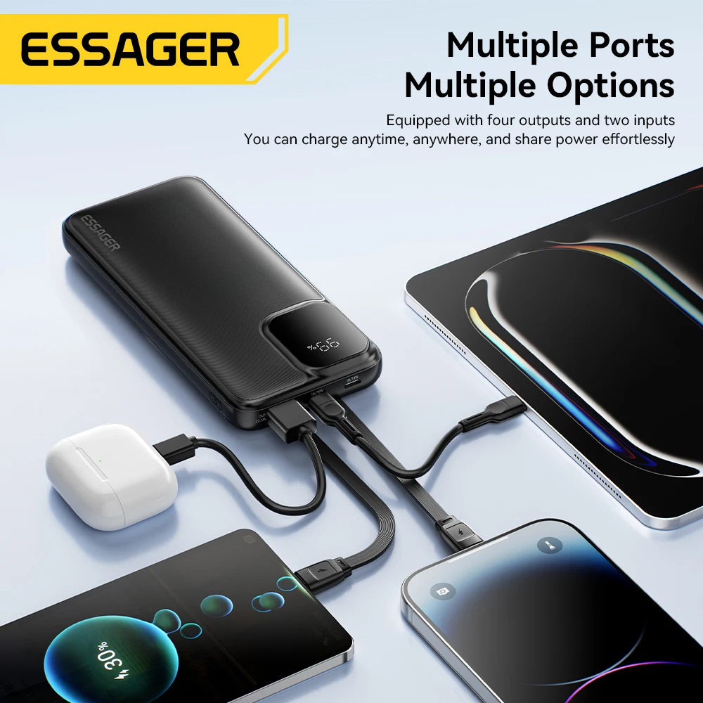 Essager Portable Power Bank 20000mAh with Two Built-in Cables External Battery PD 22.5W Fast Charging For iPhone 17 16 15 Xiaomi